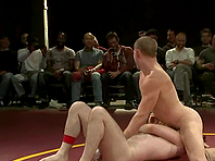 Four salacious poofters bang on tatami after a wrestling match