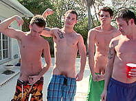 Four nasty poofters have ardent group sex on the poolside