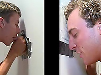 Curly-haired homo gets his shaft sucked through a gloryhole