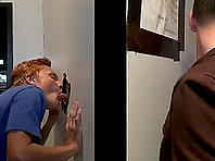 Redhead homo admires a guy with his blowjob skills in gloryhole scene